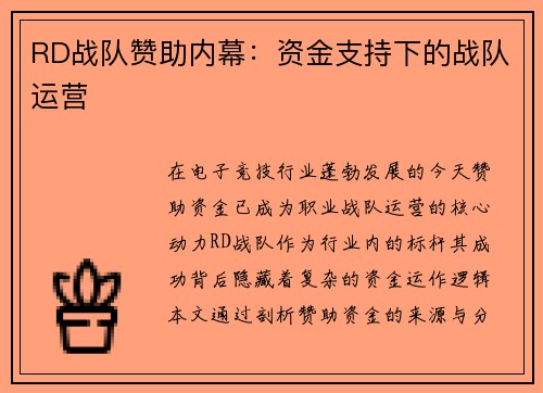 RD战队赞助内幕:资金支持下的战队运营