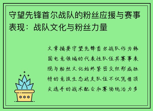 守望先锋首尔战队的粉丝应援与赛事表现：战队文化与粉丝力量