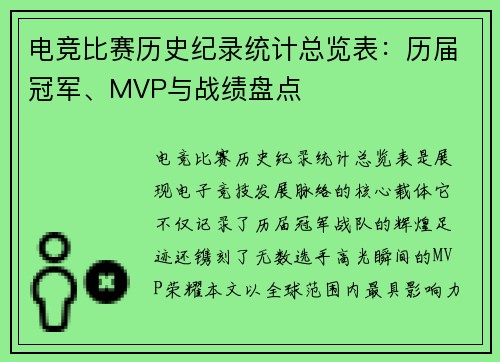 电竞比赛历史纪录统计总览表:历届冠军、MVP与战绩盘点